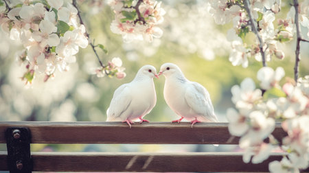 Two white doves share a tender moment on a wooden fence, surrounded by delicate pink and white blossoms. A peaceful spring scene of love and beauty.の素材