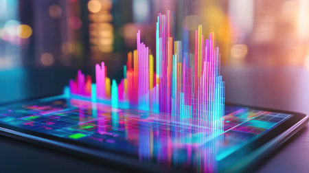 A digital D bar graph emerging from a tablet screen, representing real-time financial data and analytics, with vibrant bars illustrating increasing revenues and performance.の素材