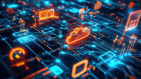A concept of a digital network represented by glowing circuits and pathways connecting different devices, with a futuristic design and a clean tech environment.の素材