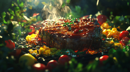 A mouthwatering grilled steak surrounded by vibrant cherry tomatoes and herbs, presenting a perfect culinary scene outdoors with steam rising enticingly.の素材