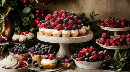 An inviting dessert table showcasing an array of desserts topped with mixed berries, including tarts, cupcakes, and mousse, set against a festive backdrop, perfect for a celebration or gathering.の素材