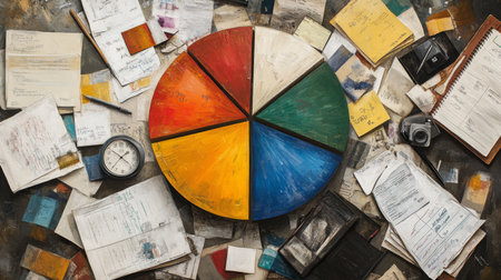 A vibrant color palette stands in the center, surrounded by various papers, a clock, and a camera, creating a dynamic creative workspace filled with inspiration.の素材