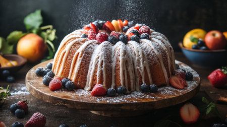 A mouthwatering bundt cake artfully decorated with fresh strawberries and blueberries, dusted with powdered sugar, perfect for any celebration or gathering.の素材