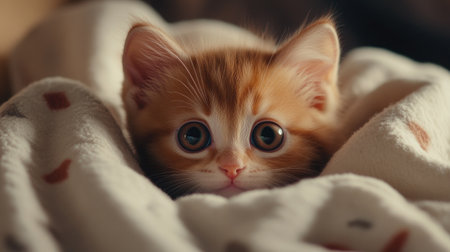 A close-up shot of an adorable kitten peeking out of a cozy blanket, its big eyes full of curiosity and wonder, evoking warmth and cuteness in a soft, homey setting.の素材