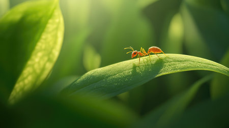 A detailed close-up of a single ant walking across a leaf, with its segmented body and antennae clearly visible, set against a natural green background.の素材