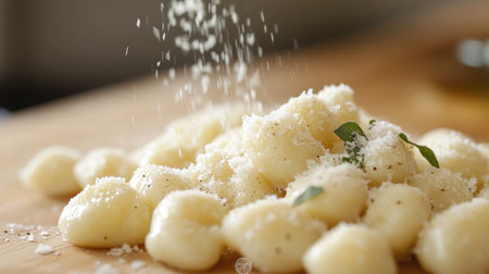 A close-up of homemade gnocchi drizzled with sage butter, sprinkled with parmesan cheese, on a wooden cutting board, showcasing Italian comfort foodの素材