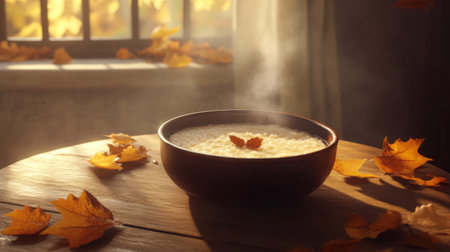 A warm bowl of rice pudding sits on a rustic wooden table, surrounded by autumn leaves. Soft light filters through a window, creating a cozy and inviting atmosphere.の素材