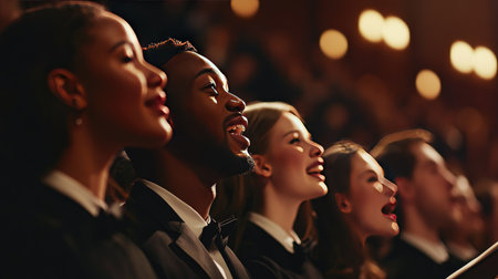 A diverse group of singers in elegant attire performing a choral piece on stage, their expressions filled with passion and emotion, creating a captivating atmosphere in a well-lit auditorium.の素材