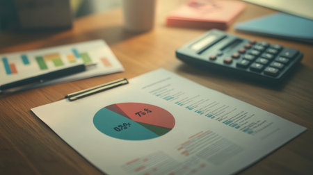 A close-up view of a financial report featuring a pie chart illustrating profit margins, with annotations and percentage labels, set on a modern wooden desk with a calculator and notepad.の素材