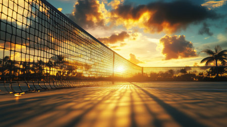 A stunning sunset illuminates a tennis court, casting long shadows and creating a serene atmosphere. The vibrant sky features colors that enhance the natural beauty of the scene.の素材