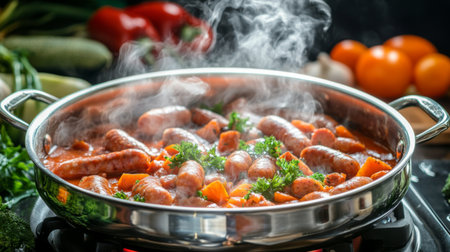 A captivating image of sausages simmering in a pan with fresh vegetables, exuding steam and flavor, perfect for culinary recipes and food photography.の素材