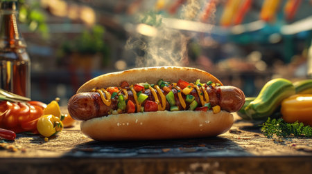 A casual street food setting with a vendor selling sizzling sausages in a bun, topped with colorful condiments and fresh vegetables, capturing the essence of vibrant street dining.の素材