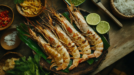 A stunning display of grilled prawns served with fresh herbs and lime, showcasing vibrant colors and rich textures perfect for culinary enthusiasts.の素材