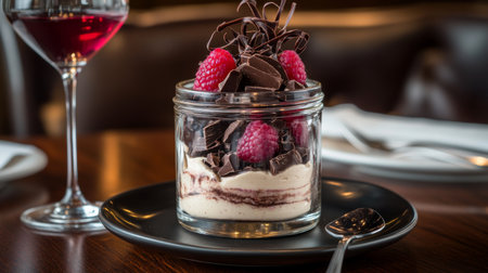 This elegant dessert features layers of creamy goodness topped with fresh raspberries and rich chocolate curls, perfect for any gourmet dining experience.の素材