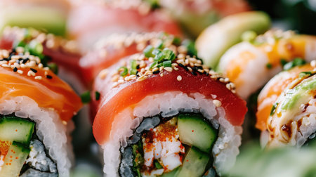 A close-up of a sushi roll cut into bite-sized pieces, with vibrant fillings like cucumber, crab, and avocado, arranged on a white background to highlight the textures.の素材