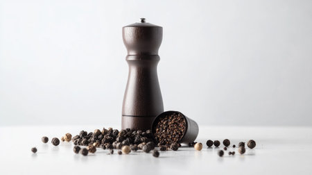 A clean, minimalistic image of a pepper mill with whole peppercorns and ground pepper displayed on a white surface, emphasizing its function and design.の素材