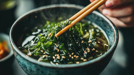 A close-up of a person enjoying a bowl of hot seaweed soup, with chopsticks poised above the bowl, showcasing the comforting and soothing nature of this traditional dish.の素材
