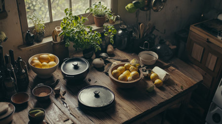 A charming rustic kitchen scene featuring fresh lemons and herbs, bathed in warm natural light, creating a cozy culinary atmosphere for home cooking.の素材
