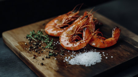 Savor the essence of fresh grilled shrimp garnished with herbs and sea salt on a wooden platter. Perfect for culinary enthusiasts and food lovers.の素材