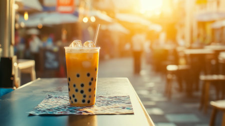 A refreshing bubble tea with tapioca pearls sits on a stylish table, basking in warm sunset light. This vibrant scene captures summer joy and relaxation.の素材