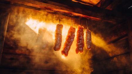 This captivating image showcases hanging meat being smoked in a rustic setup, enveloped in warm light and rich aroma, perfect for culinary enthusiasts.の素材