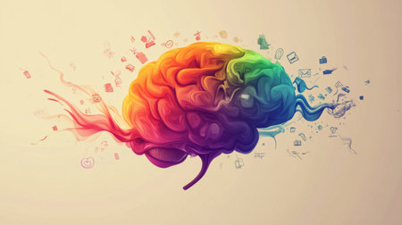 This vibrant abstract illustration showcases a colorful brain surrounded by digital icons and swirling patterns, symbolizing creativity and innovation in technology and imagination.の素材