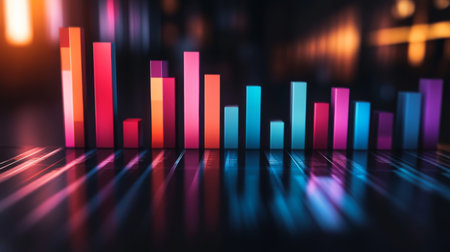 Vibrant graph bars showcase data trends in a modern business context, illustrating metrics and analysis with a creative and abstract design.の素材