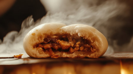 A close-up of a half-opened bao bun revealing its rich filling, with steam rising, capturing the enticing aroma and inviting texture that makes it irresistible.の素材