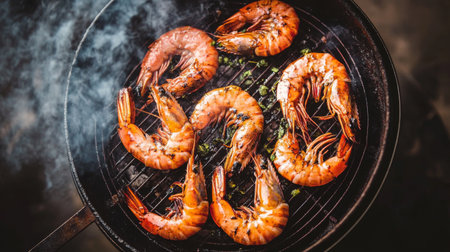 Mouthwatering grilled shrimp on a charcoal grill with a smoky aroma. This vibrant seafood dish showcases fresh ingredients and is perfect for gatherings.の素材