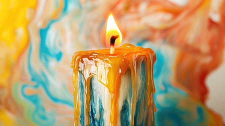 A close-up of a candle with wax dripping down the sides, its flame dancing in the breeze, illustrating the beauty of imperfection and the passage of time.の素材