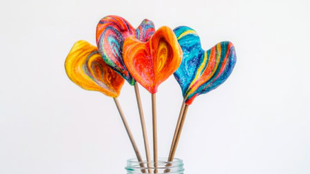 A collection of vibrant, swirl heart-shaped lollipops in a jar against a white background. These handmade candy treats make perfect festive decorations or party favors.の素材