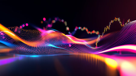 This image showcases vibrant light waves flowing gracefully, combined with dynamic chart elements, representing a modern and colorful data visualization concept.の素材