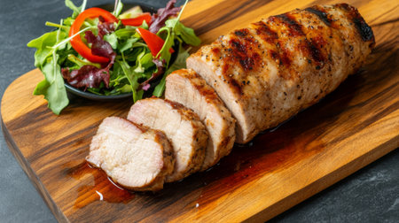 Succulent grilled pork tenderloin perfectly sliced and garnished with a vibrant salad, ideal for healthy meal preparation or culinary inspiration.の素材
