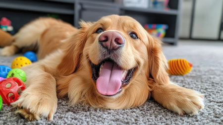 A fluffy golden retriever puppy playfully rolling on a soft carpet, with its tongue out and a happy expression, surrounded by colorful toys, capturing the joy of pet companionship.の素材