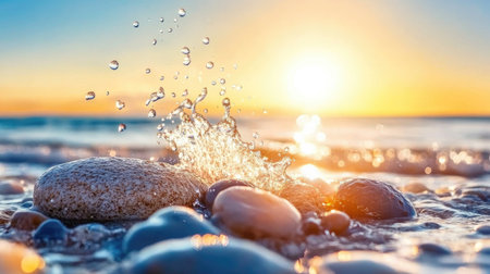 A close-up of water splashing over smooth rocks on a beach, with the sun shining through the droplets, capturing the beauty of the ocean's movementの素材