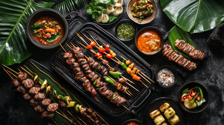 A mouthwatering display of grilled meats and colorful vegetables served alongside vibrant dishes, perfect for a festive barbecue gathering or culinary event.の素材