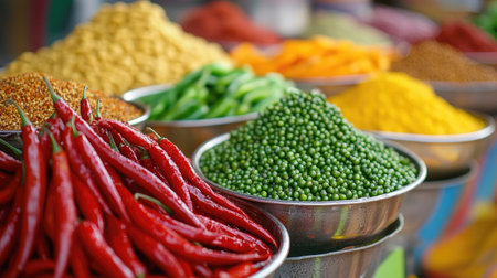 A close-up of fresh red and green chili peppers with droplets of water, emphasizing their freshness, alongside a variety of colorful spices in small bowls, ready for cooking.の素材