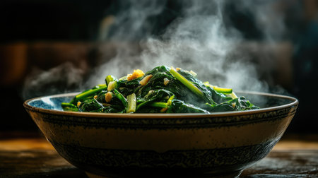 A beautifully styled bowl of stir-fried water spinach with steam rising, emphasizing its freshness and inviting viewers to experience the flavorsの素材
