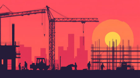 This vibrant silhouette image captures a construction scene at sunset, with workers and cranes framed against a stunning urban skyline. The warm colors evoke a sense of hard work and progress in the city.の素材