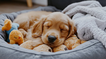 A cute golden retriever puppy peacefully sleeping on plush toys in a cozy bed. The scene captures the innocence and comfort of a beloved pet in a warm home environment.の素材