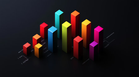 This image showcases a vibrant 3D bar graph against a sleek black background. Perfect for representing growth analysis and data visualization in business contexts.の素材