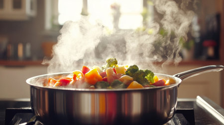 A vibrant mix of fresh vegetables cooks in a pan, releasing steam and aroma. This healthy meal preparation highlights colorful ingredients.の素材