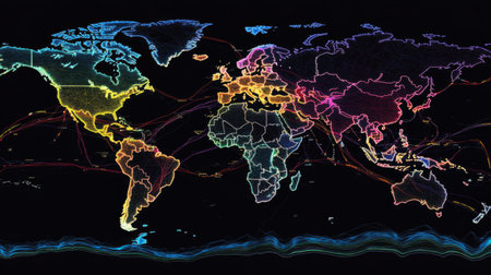 This vibrant neon world map illustrates global connectivity with abstract network lines. Ideal for tech-related content and travel themes.の素材