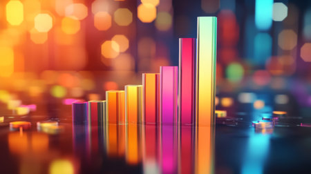 A vibrant bar graph showing data trends with a colorful bokeh background. This image symbolizes analytics, business growth, and creative data visualization.の素材