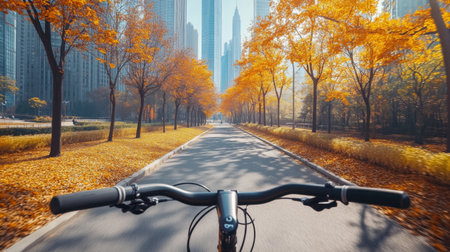 Experience the joy of cycling through vibrant autumn colors in an urban park, surrounded by towering skyscrapers and serene nature. Perfect for outdoor enthusiasts!の素材