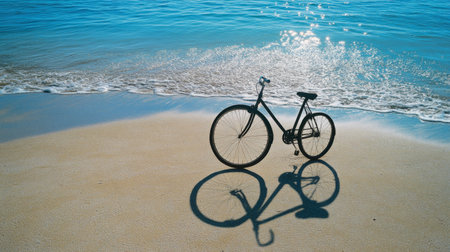 A serene beach scene featuring a bicycle resting on the sandy shore, with gentle water waves and reflections adding a tranquil ambiance. Ideal for summer themes.の素材
