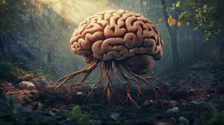 A captivating image of a brain rooted in the soil, blending nature and imagination in a mystical forest setting, symbolizing growth and connection.の素材
