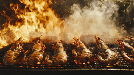 A mouth-watering scene of shrimp grilling over open flames, emitting delicious smoky aromas. Perfect for summer barbecues and seafood recipes.の素材