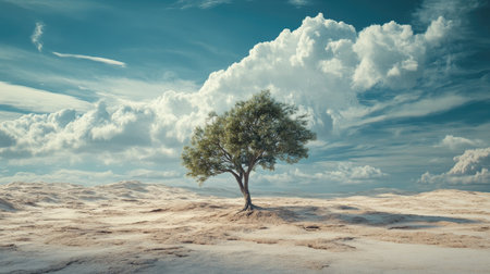 A barren landscape with a single resilient plant thriving amid harsh conditions, symbolizing hope and the need for resilience in the face of global warmingの素材