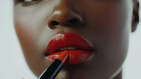 A close-up of a vibrant red lipstick being applied to a model's lips, with the focus on the smooth texture and rich color, set against a clean, soft background.の素材